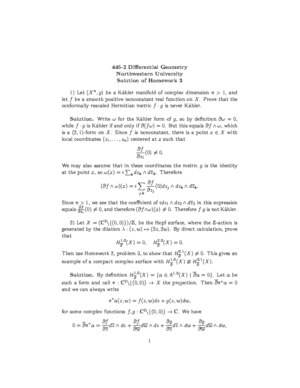 445-2 Differential Geometry Homework 3 solutions - 445-2 Differential ...