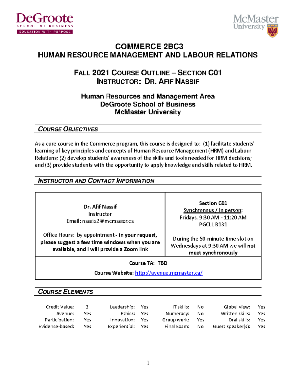 Commerce 2BC3 Human Resource Management and Labour Relations Fall 2021 ...