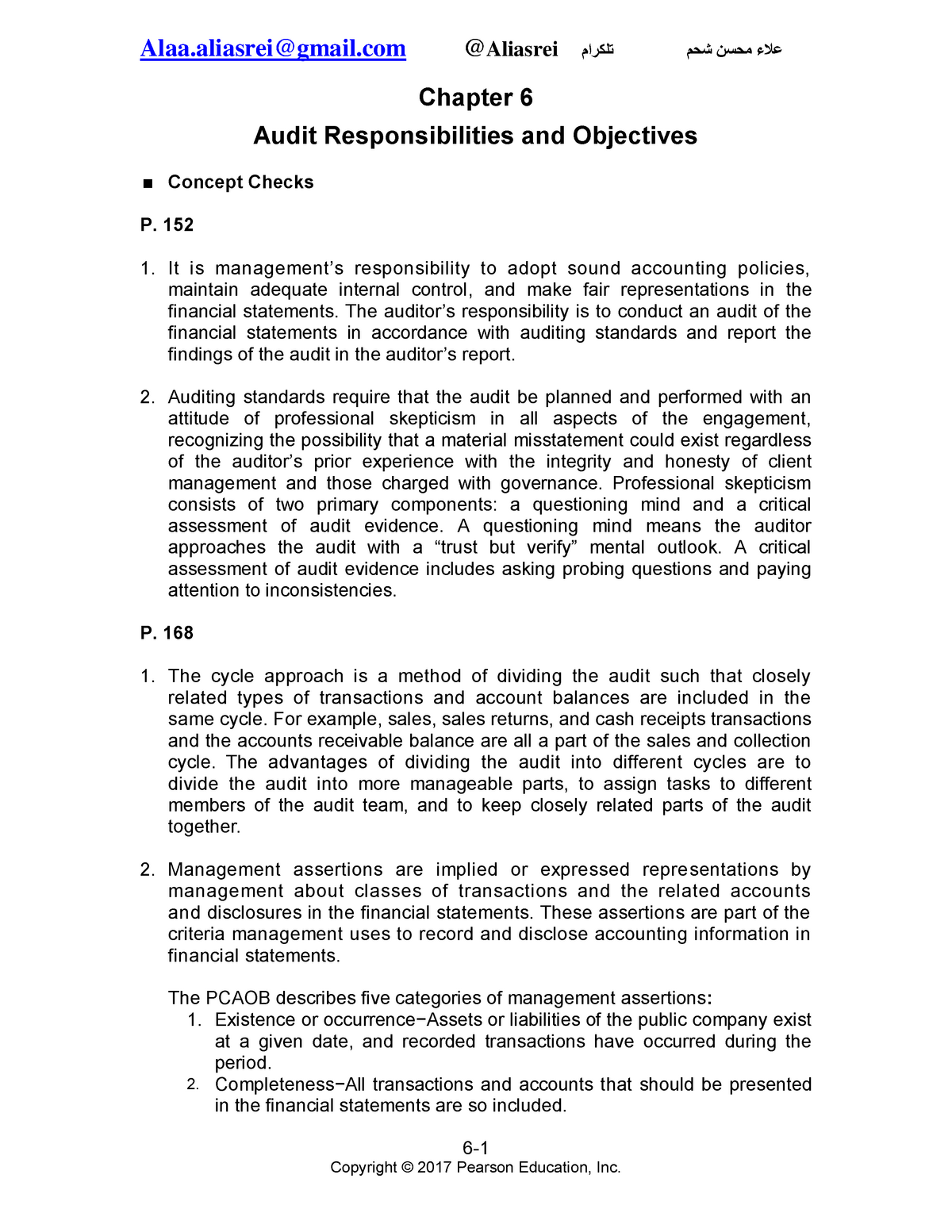 SOLUTION Arens_auditing16e_sm_06 - 6- Chapter 6 Audit Responsibilities ...