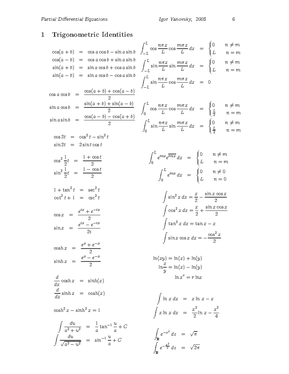 PDE formulas - 1 Trigonometric Identities cos(a + b) = cos a cos b − ...