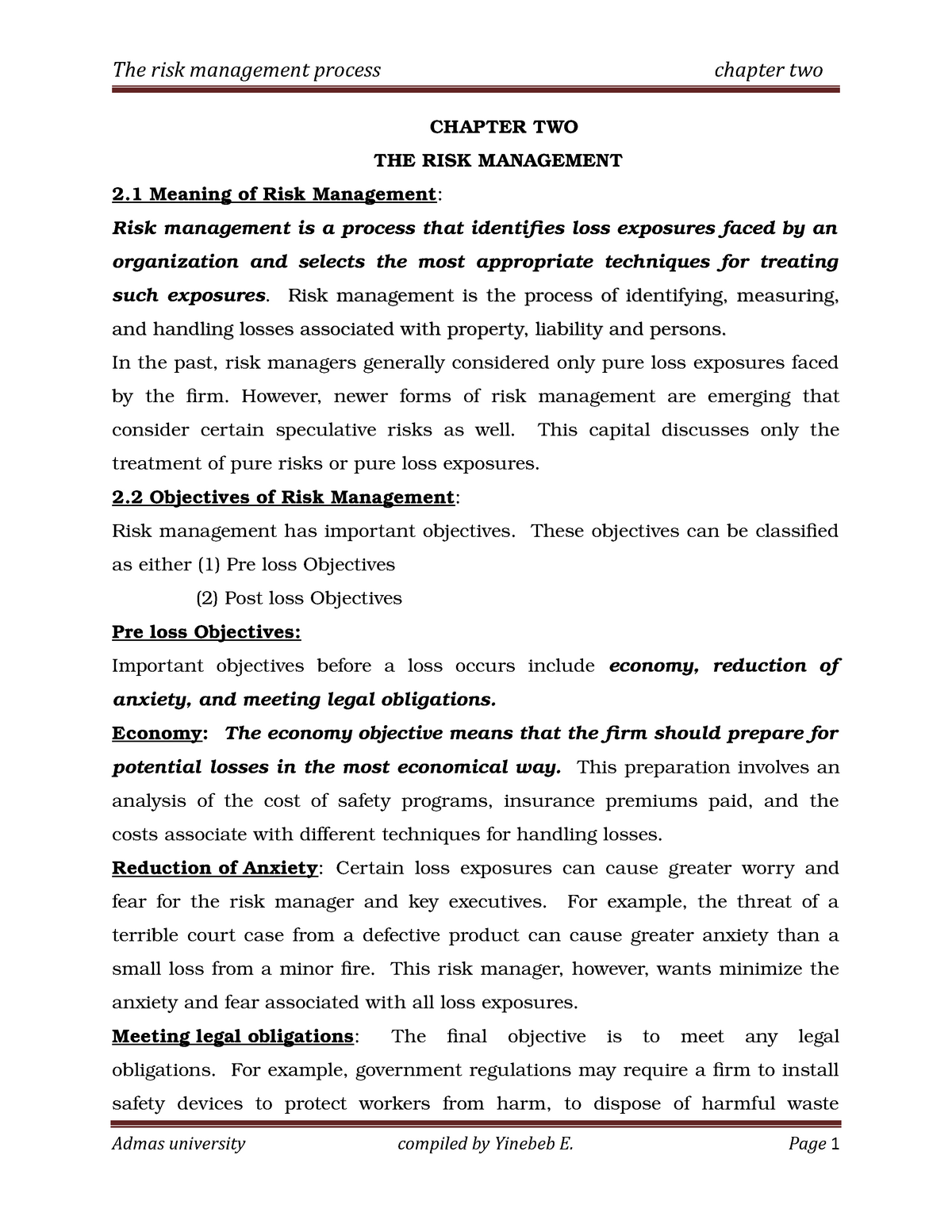 Risk Management And Insurance Chapter One Chapter Two Chapter Two The Risk Management 2