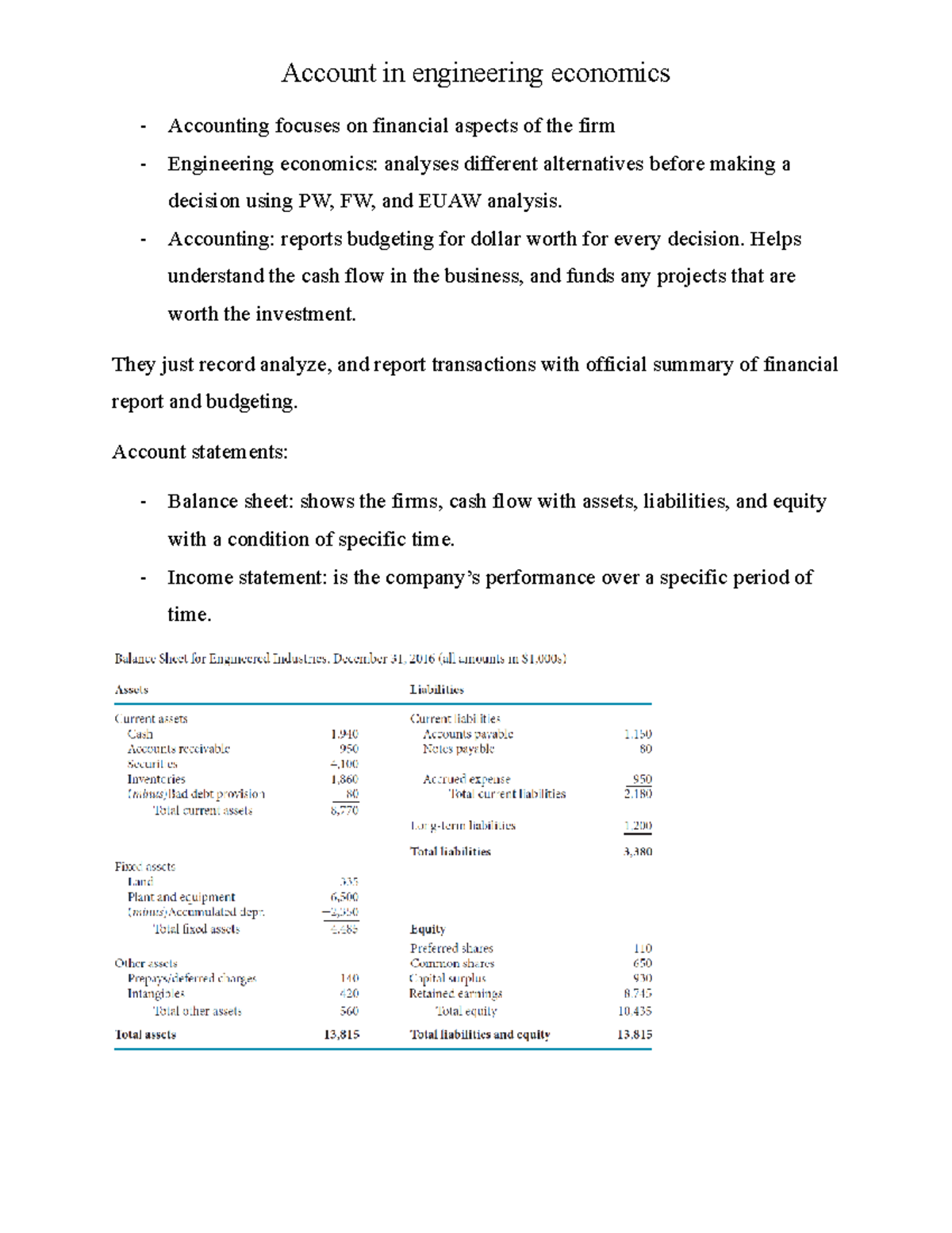 Lecture 12 - Account in engineering economics Accounting focuses on ...