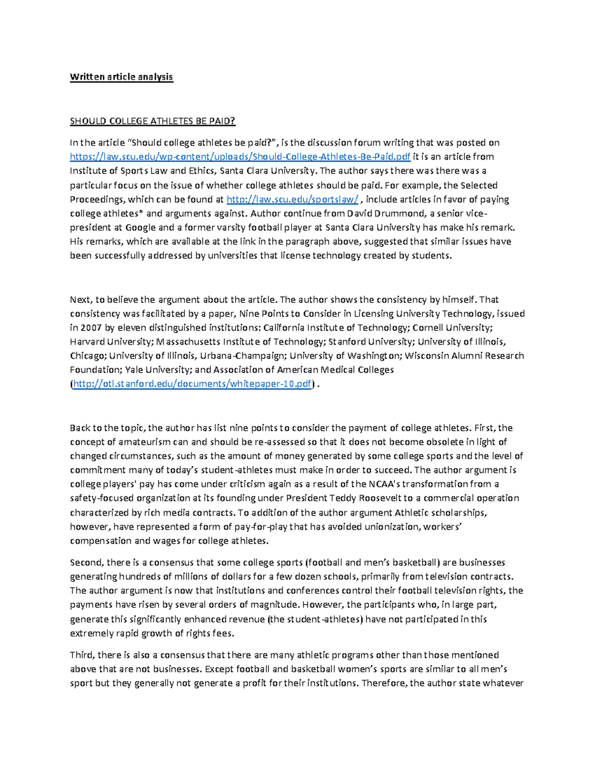 Written article analysis - Written article analysis SHOULD COLLEGE ...