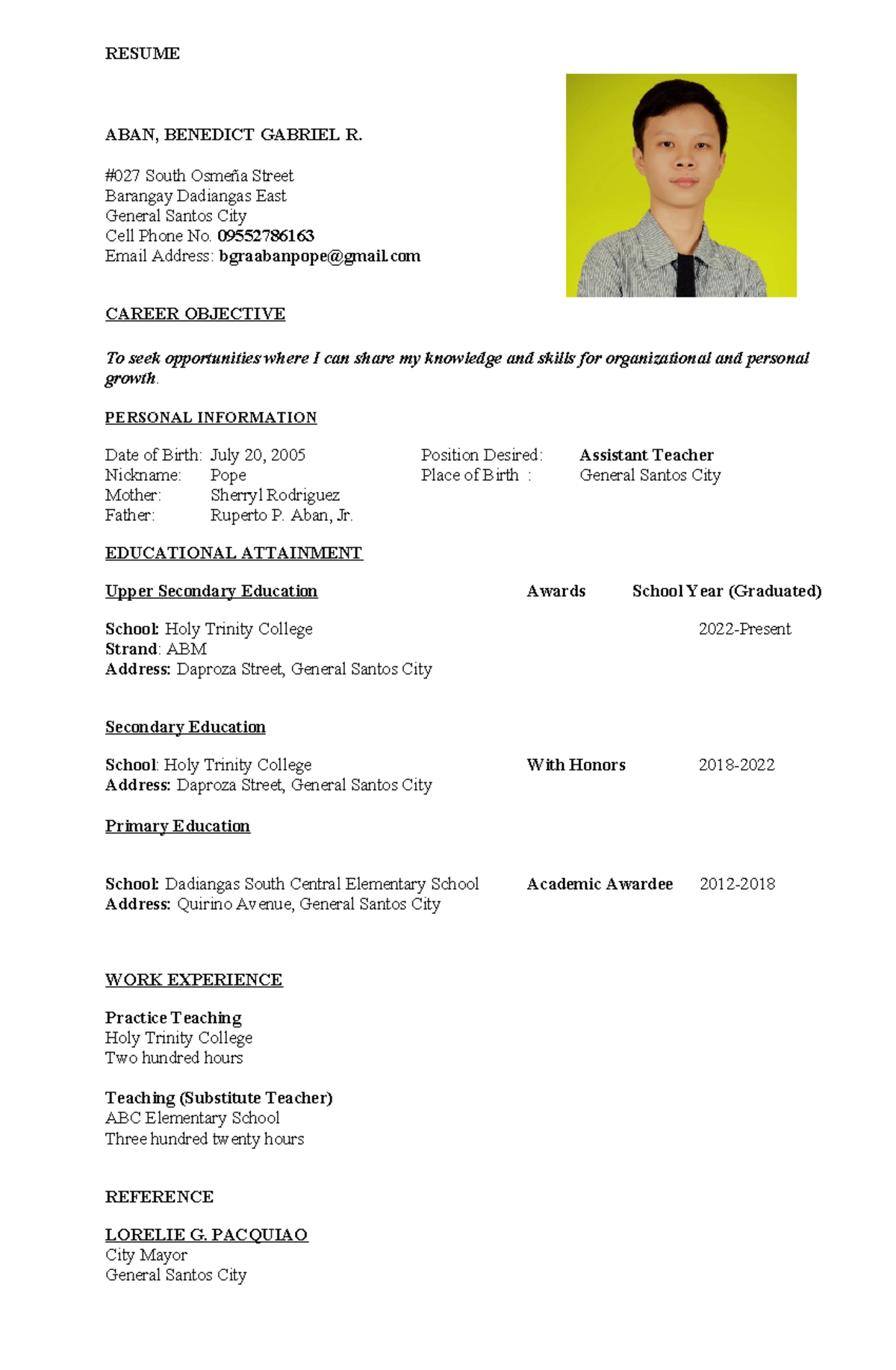 Benedict-resume - Listen - RESUME ABAN, BENEDICT GABRIEL R. #027 South ...