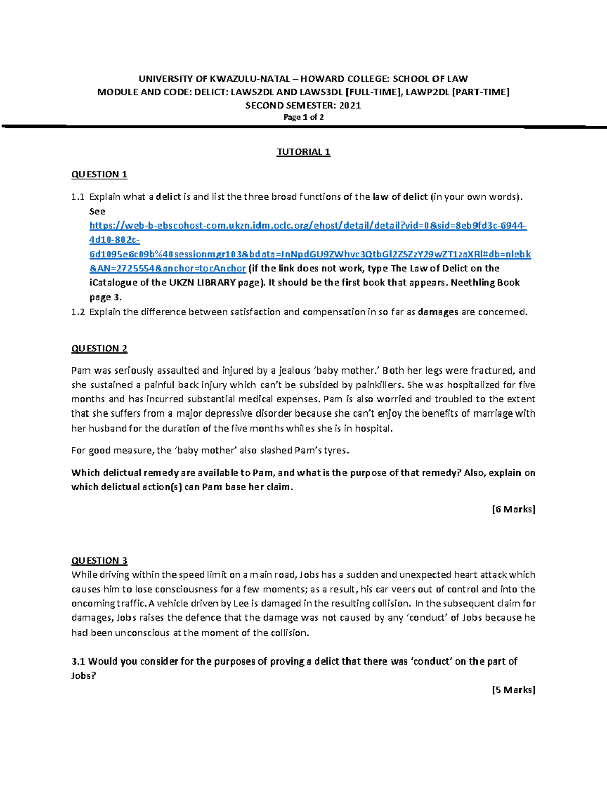 Tutorial 1 questions - UNIVERSITY OF KWAZULU-NATAL – HOWARD COLLEGE ...