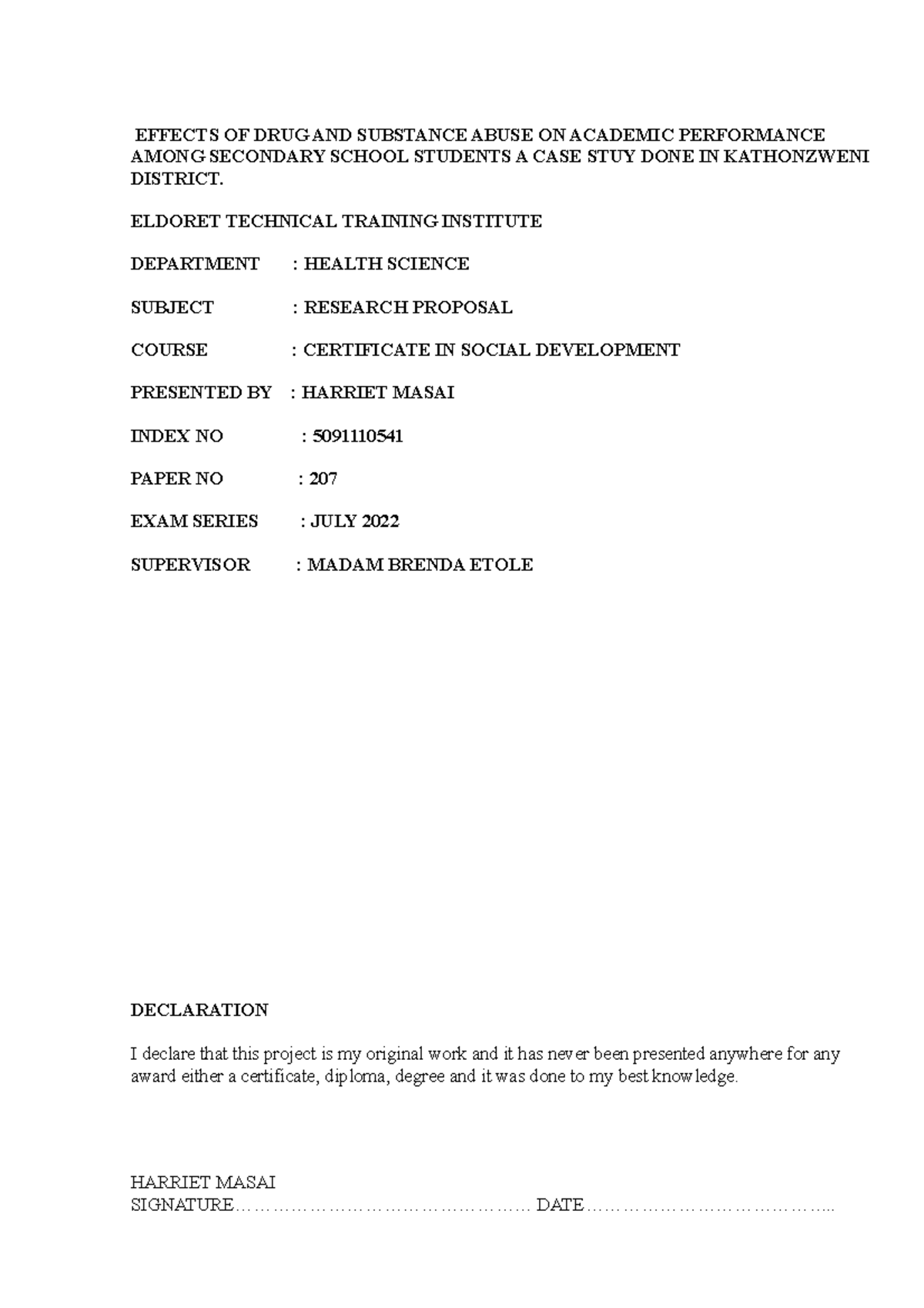 Effect Plan EFFECTS OF DRUG AND SUBSTANCE ABUSE ON ACADEMIC