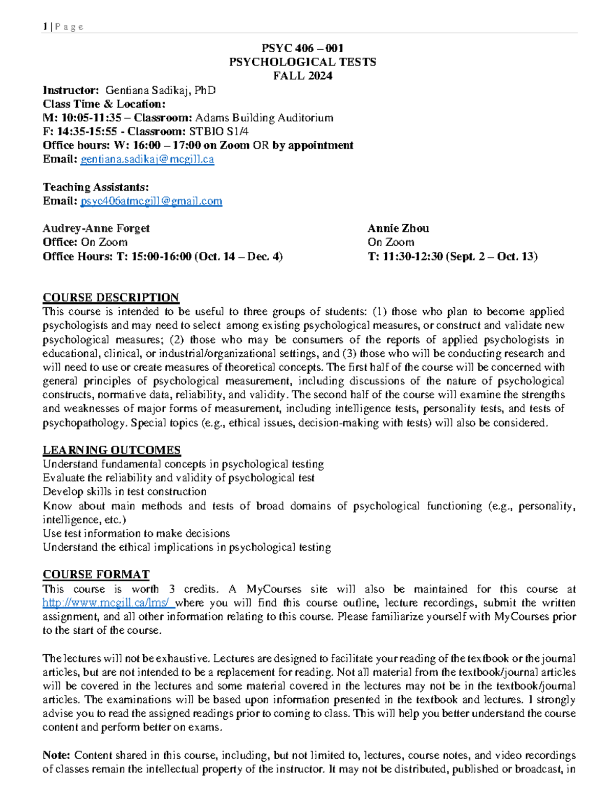 Course outline Fall 2024 Final - PSYC 406 – 001 PSYCHOLOGICAL TESTS ...