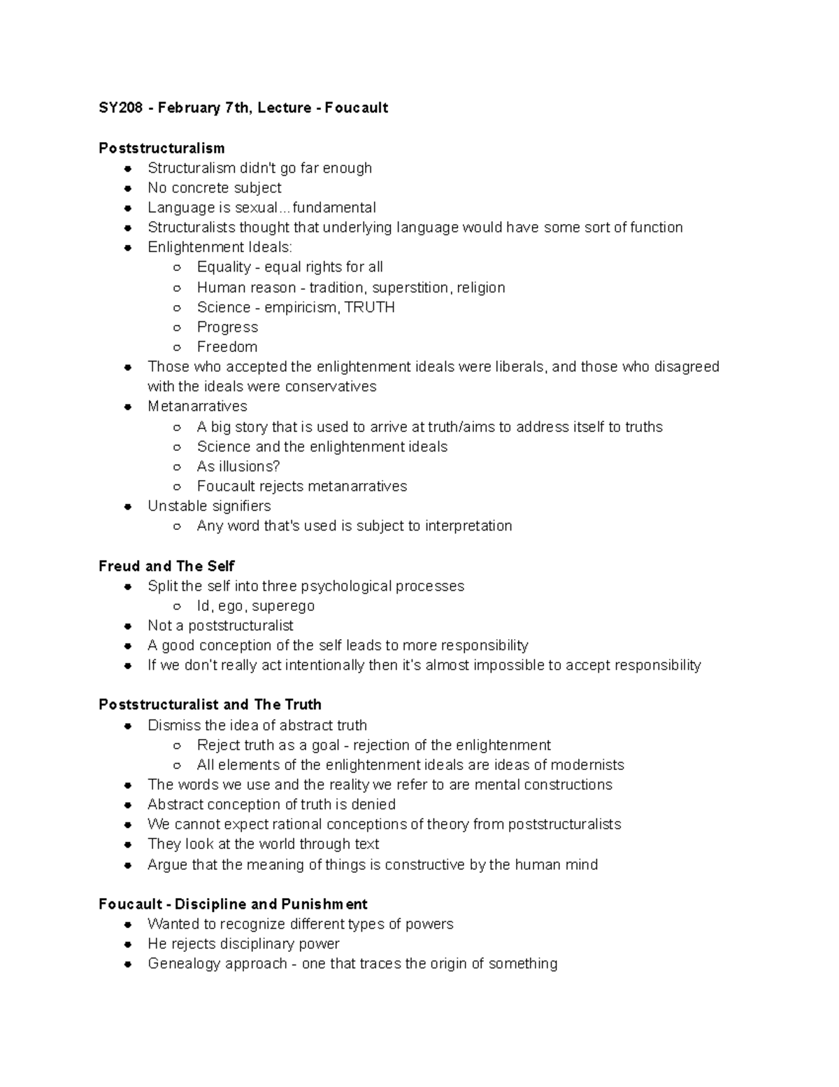 SY208 Feb 7th Lecture Poststructuralism and Foucault SY208