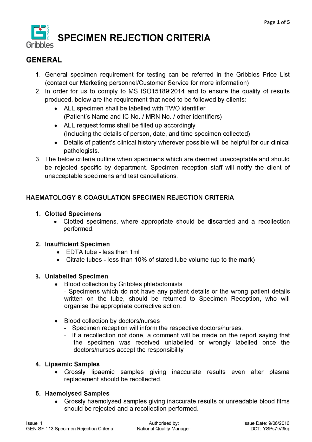 GENSF113 Specimen Rejection Criteria Issue 1 Authorised by Issue