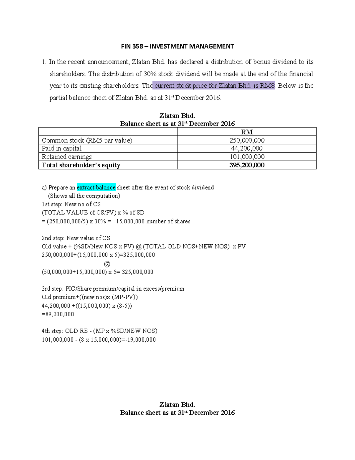 Investment - FIN358: Chapter 7 (Tutorial Calculation) - FIN 358 ...