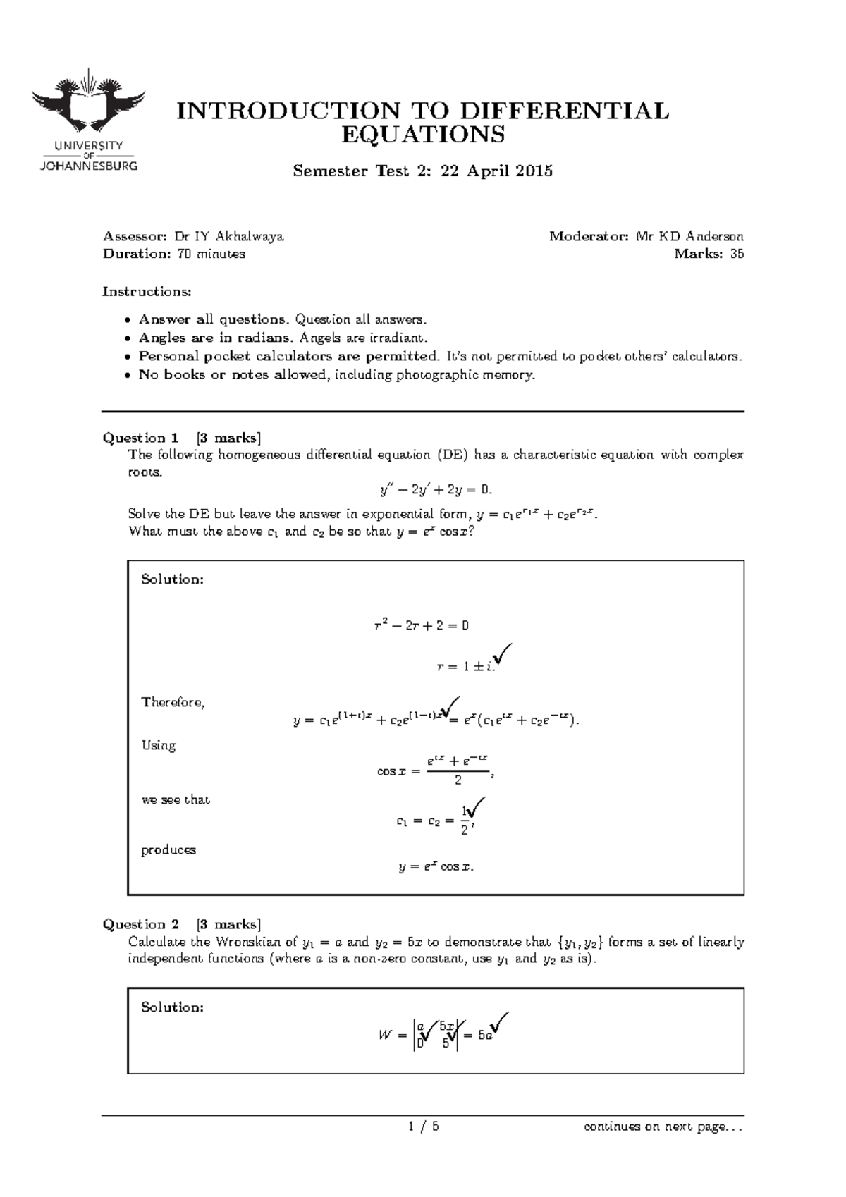 Semester Test 2 - INTRODUCTION TO DIFFERENTIAL EQUATIONS Semester Test ...
