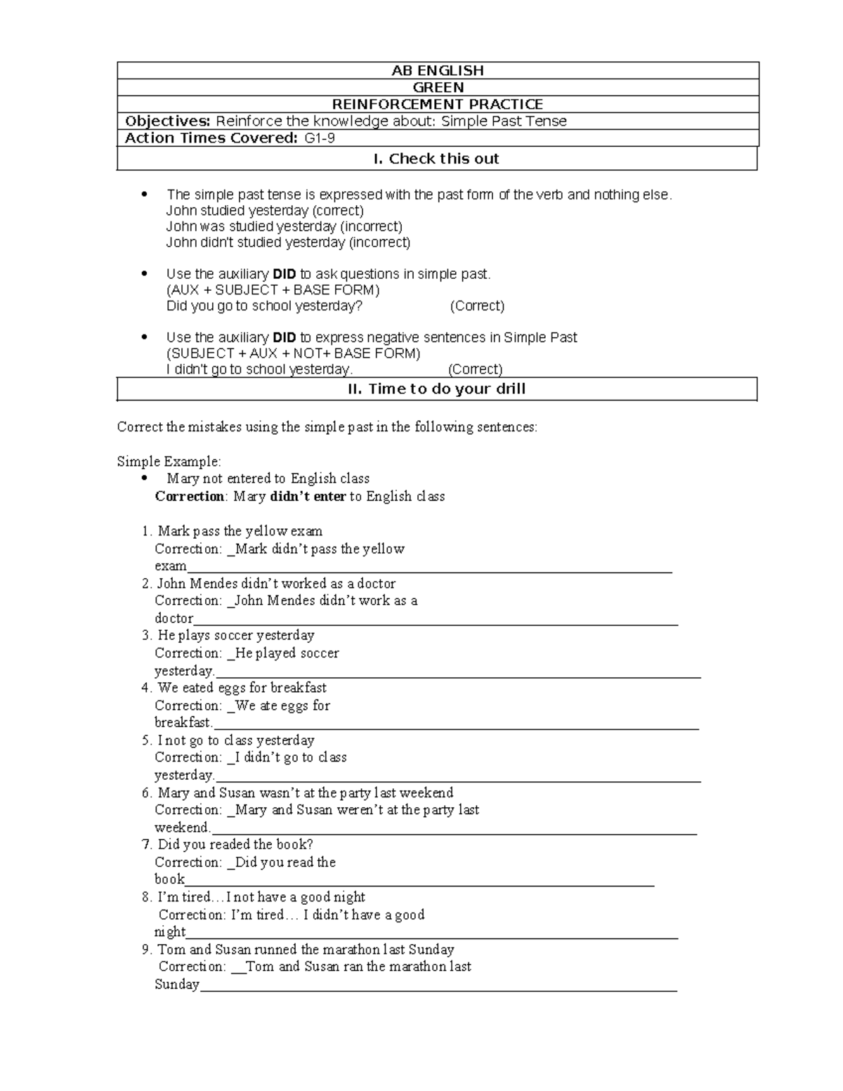 R G - 1.9 Simple PAST SOFI - AB ENGLISH GREEN REINFORCEMENT PRACTICE ...
