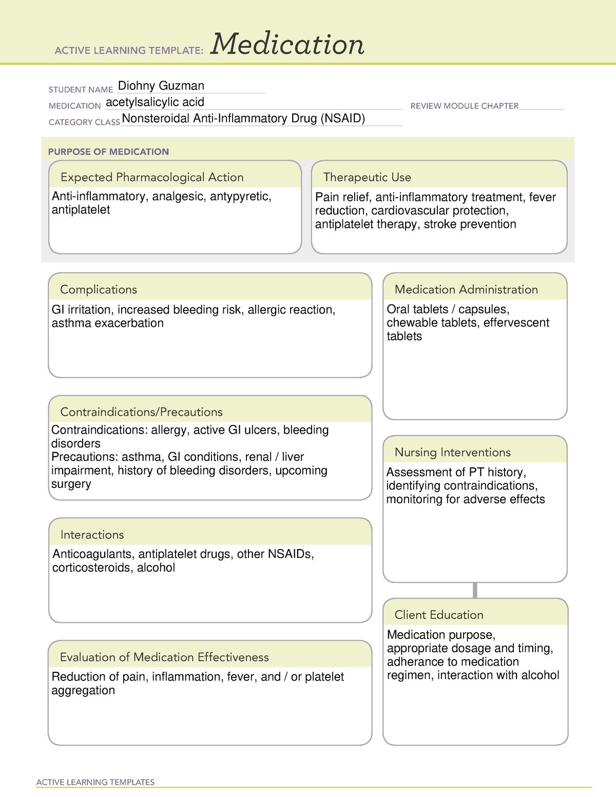 Medication Aspirin ACTIVE LEARNING TEMPLATES Medication STUDENT