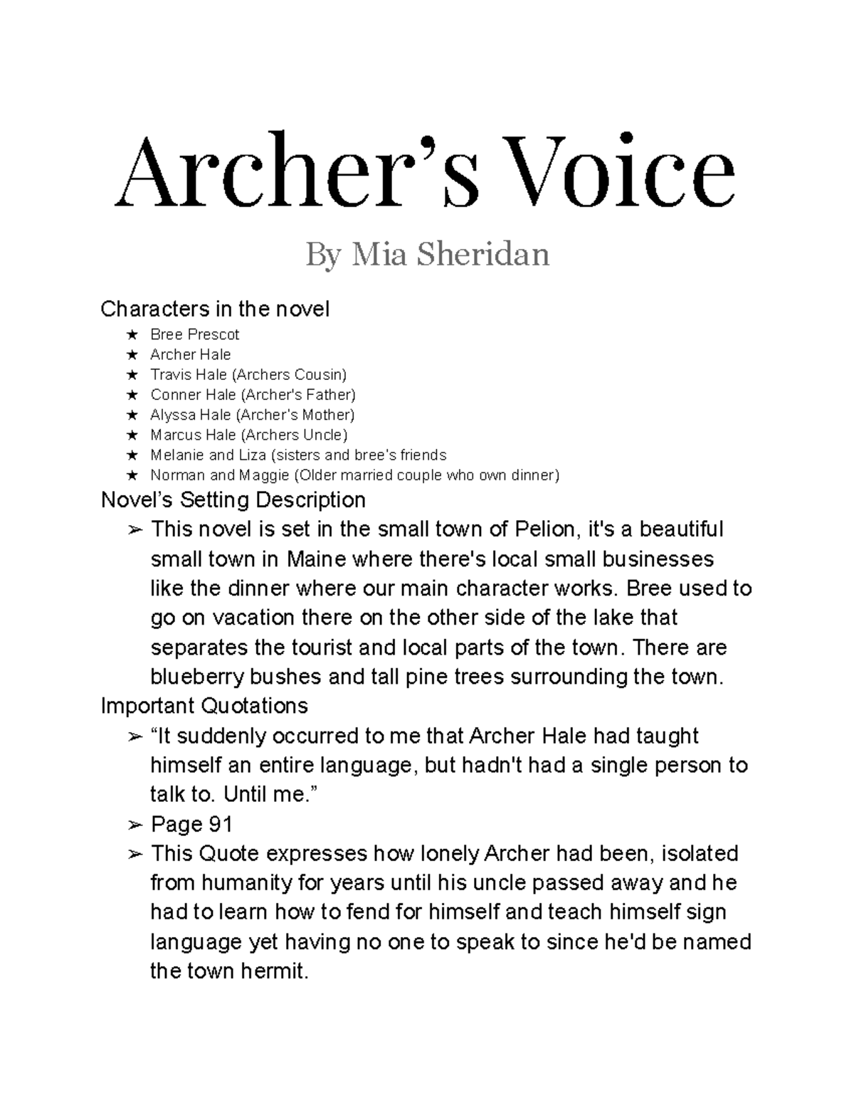 One pager archers voice by mia Sheridan one page report Archer’s