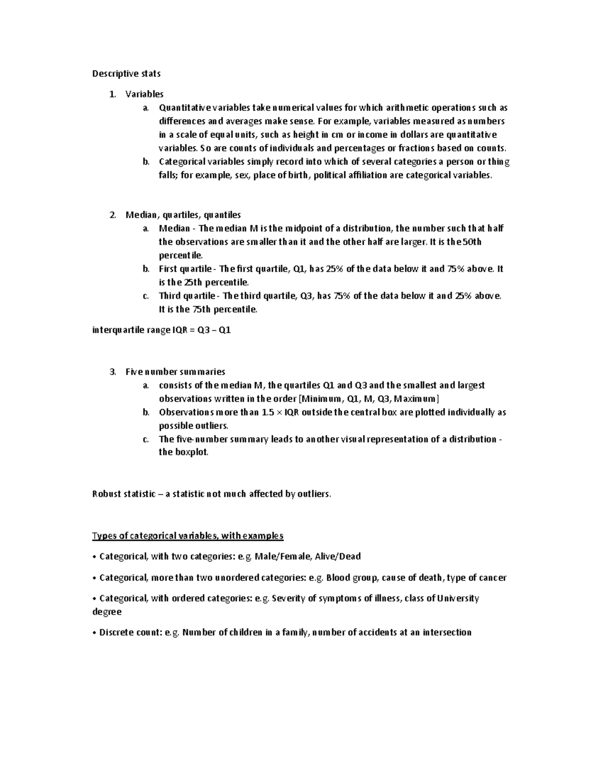 STA descriptive statistic notes - Descriptive stats Variables a ...