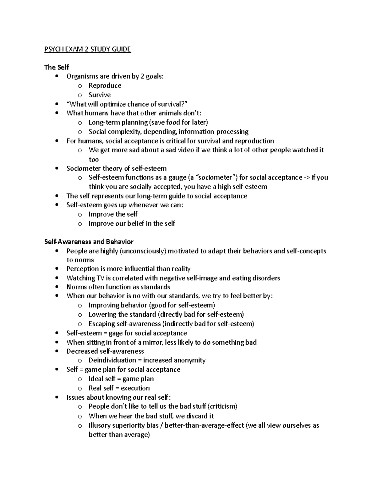 Psych exam 2 Study Guide - PSYCH EXAM 2 STUDY GUIDE The Self Organisms ...