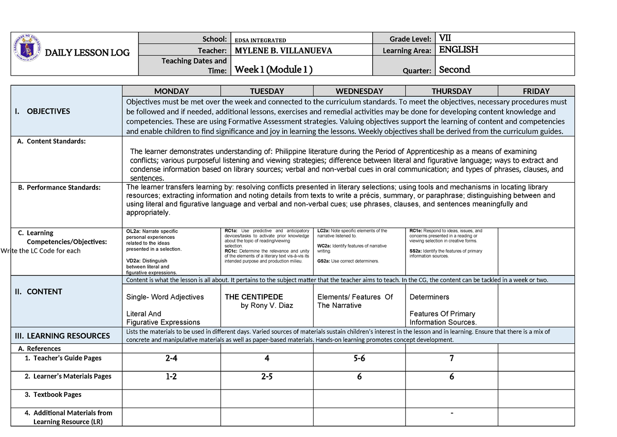 DLL 2nd Quarter wk1 - CAN BE USED FOR THE PROJECT - DAILY LESSON LOG ...