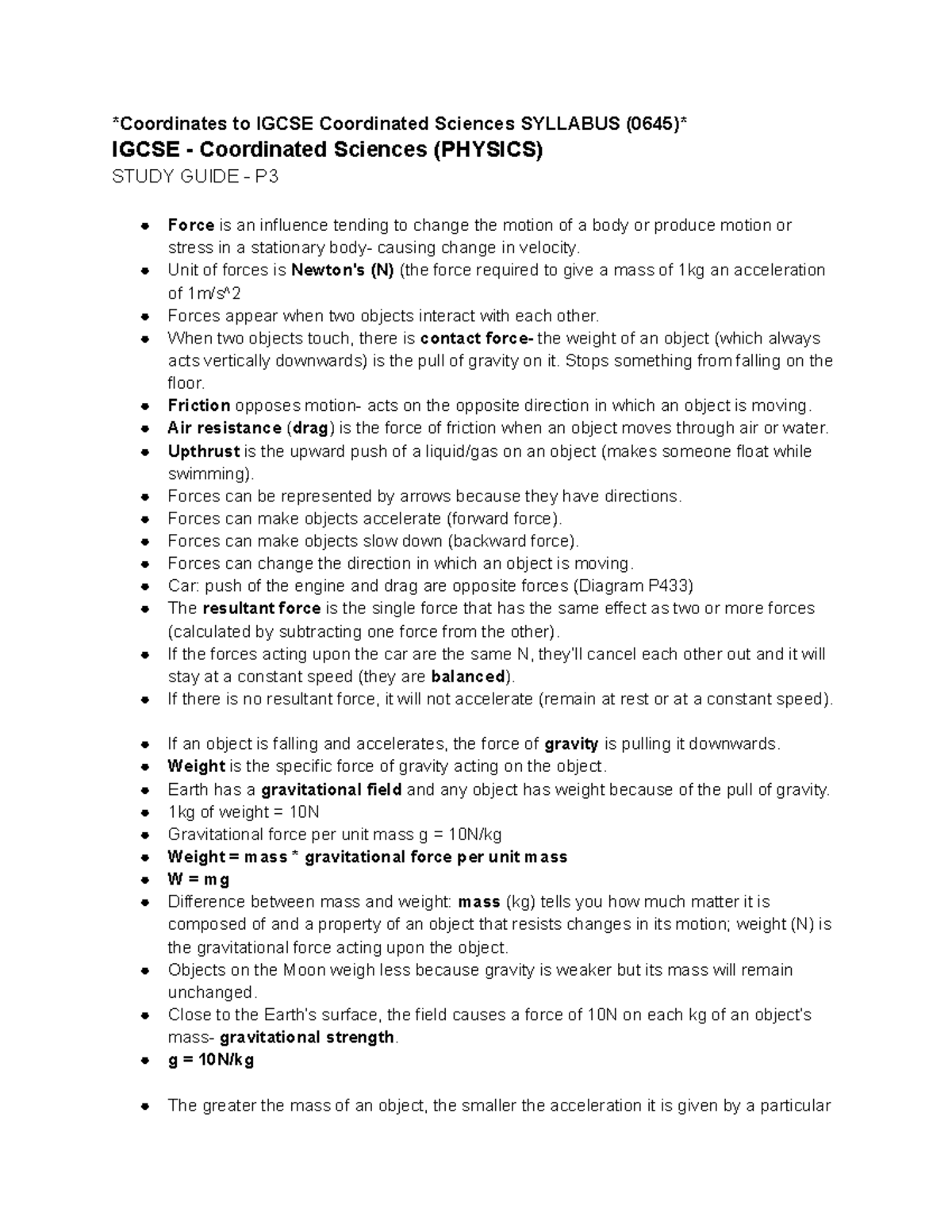 P3. Forces and motion - Notes for IGCSE Coordinated Sciences ...