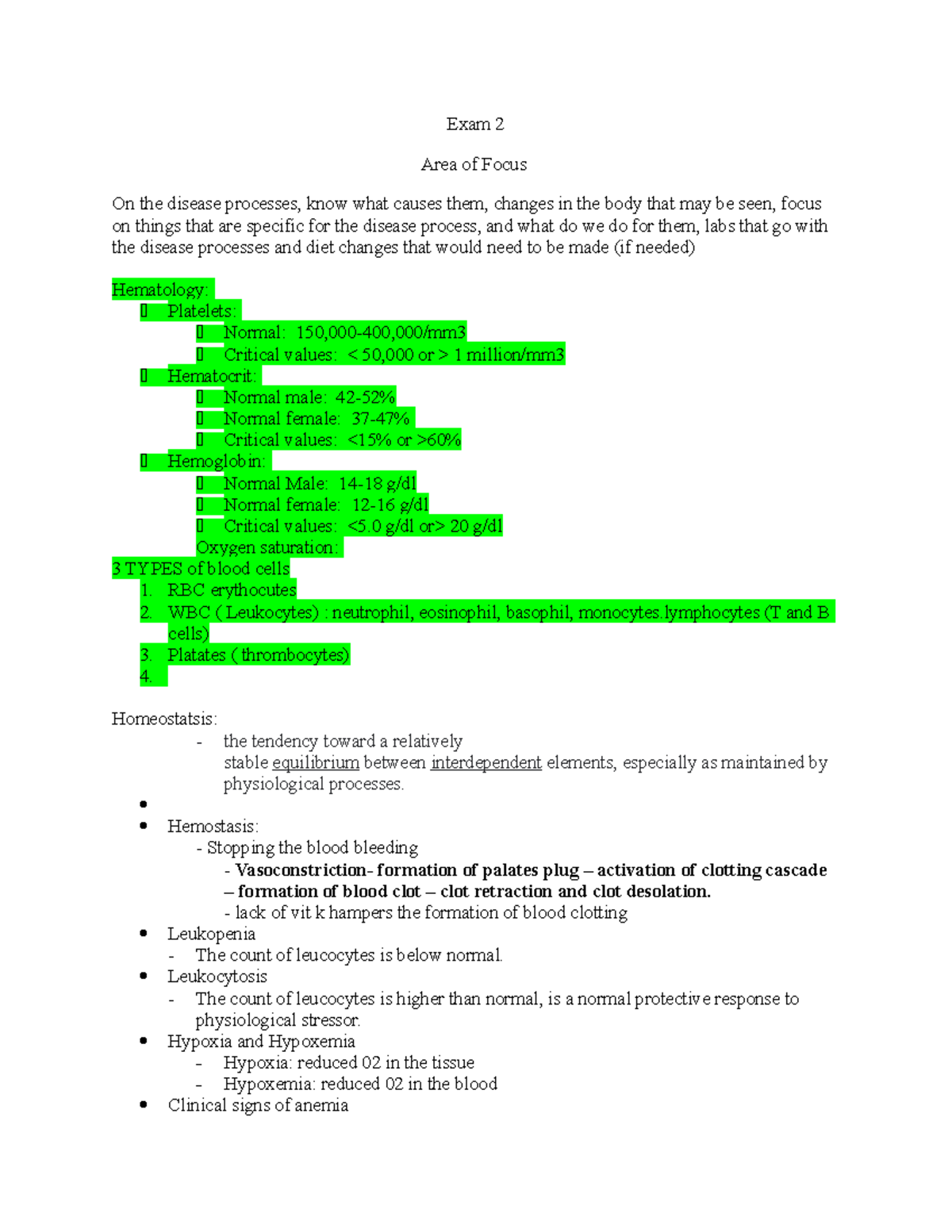 Exam 2 Area of Focus Hematology, Cardiovascular Exam 2 Area of