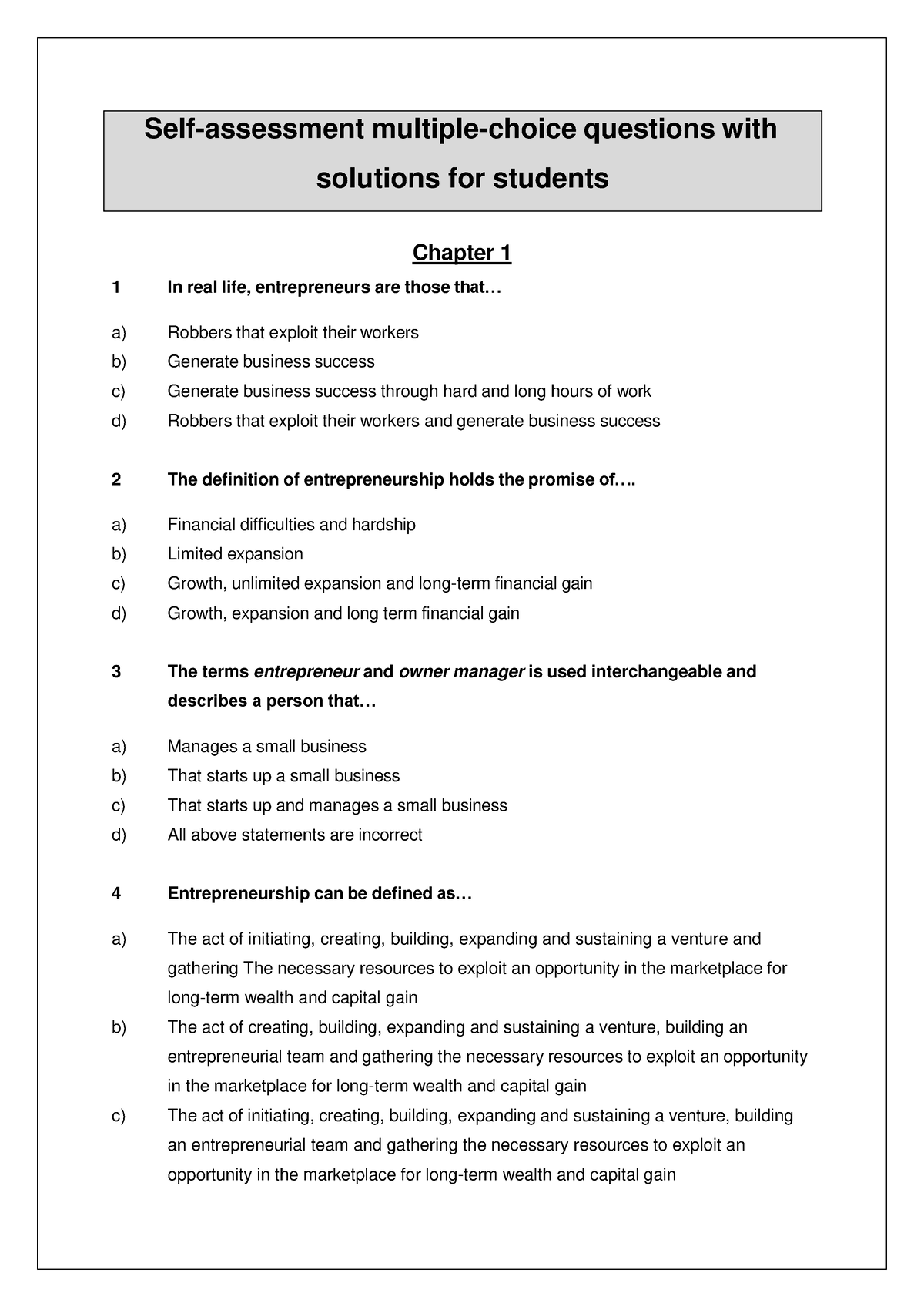 Entrepreneurship And Small Business Management Question Paper