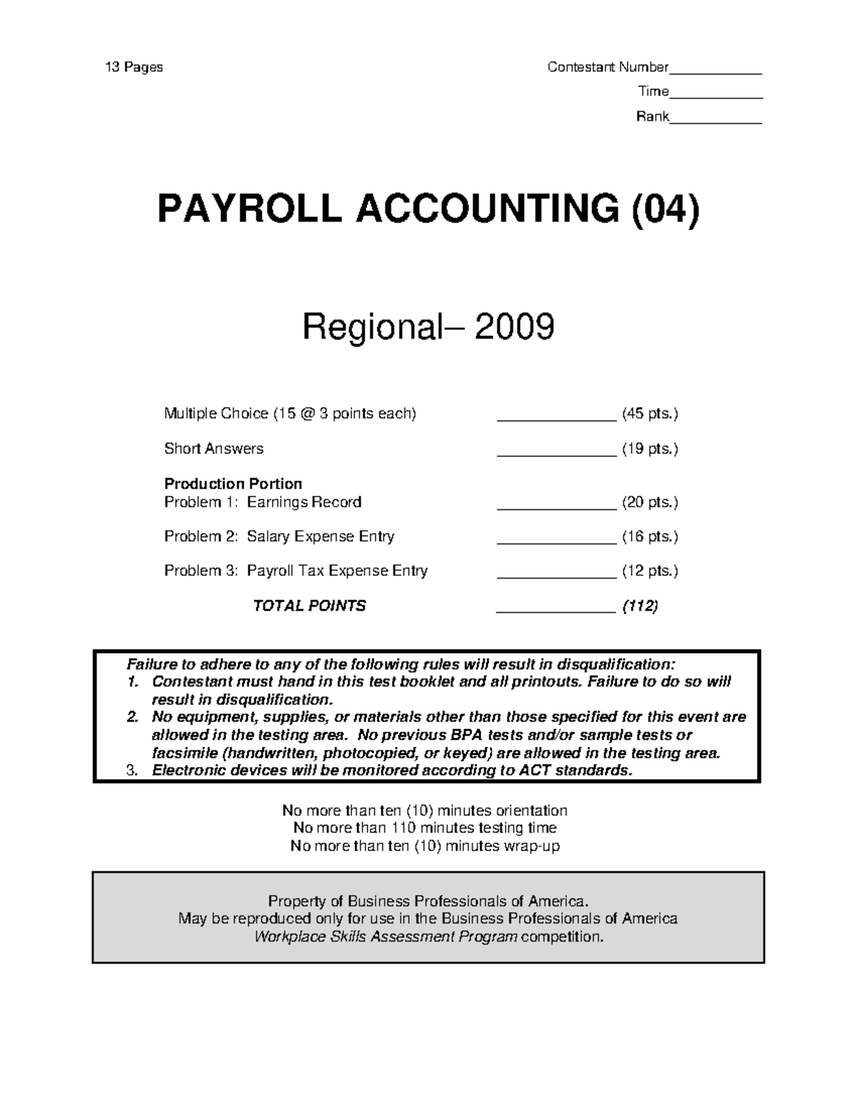 Payroll - practical - 13 Pages Contestant Number____________ Time ...