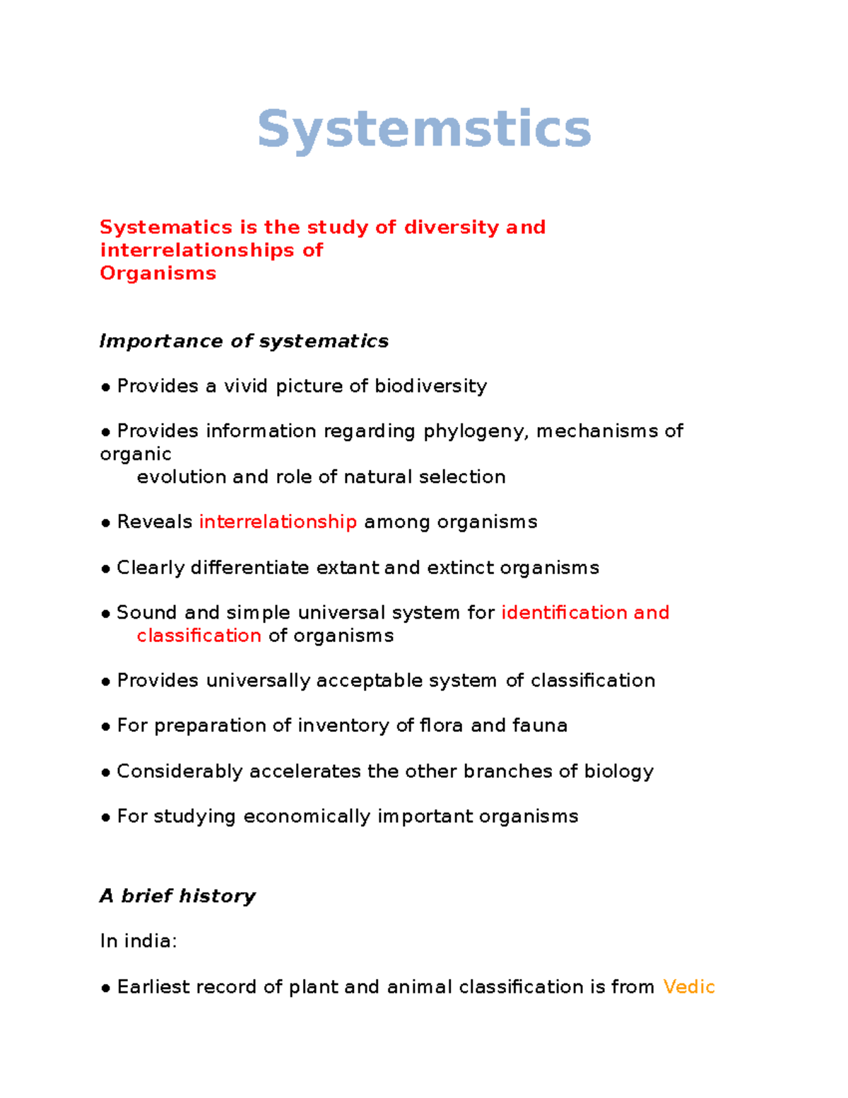 Systematics - Application level lecture notes - Systemstics Systematics ...