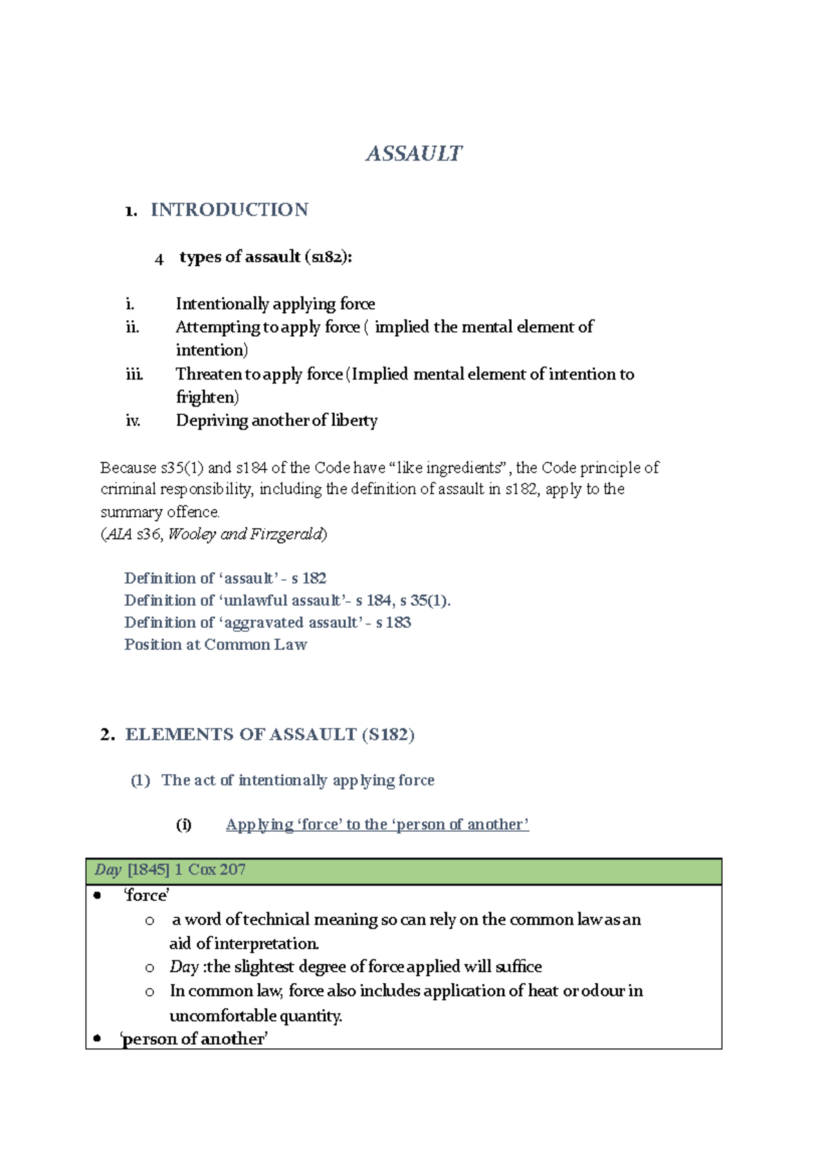 Types of Assault - Lecture notes 4 - ASSAULT 1. INTRODUCTION 4 types of ...