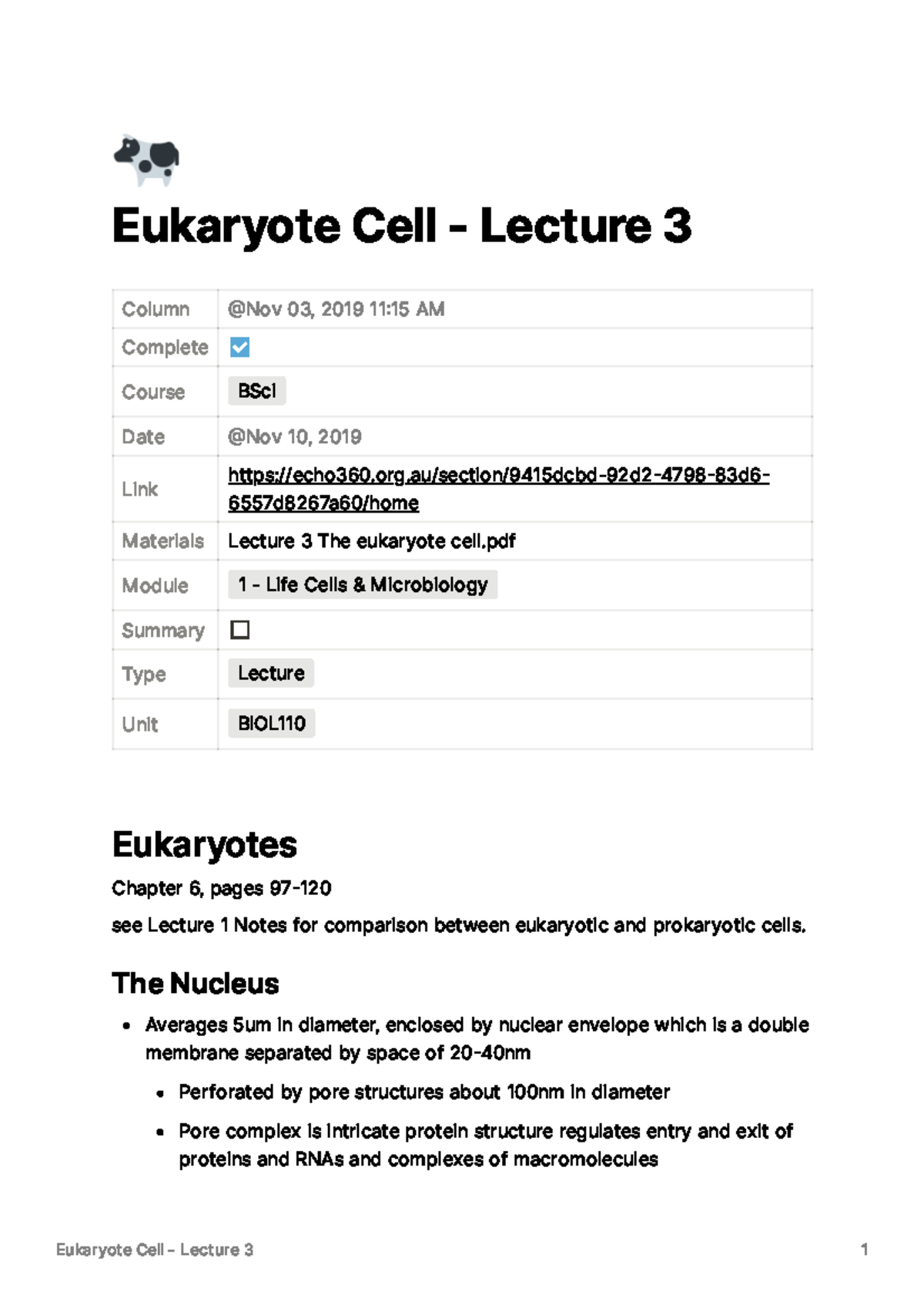 Eukaryote Cell - Lecture 3 - Eukaryote Cell - Lecture 3 Column Complete ...