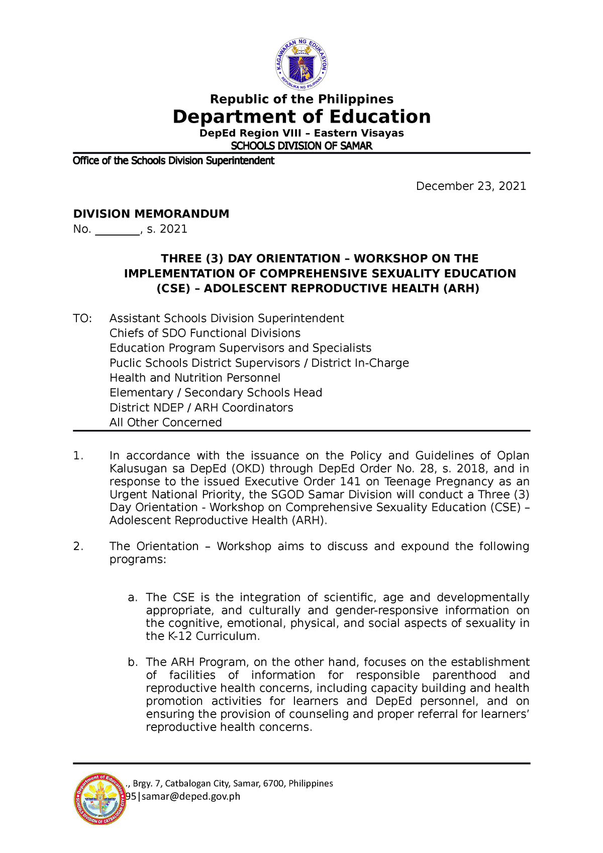 DivisionMemorandum 2021 CSE ARH Republic of the Philippines