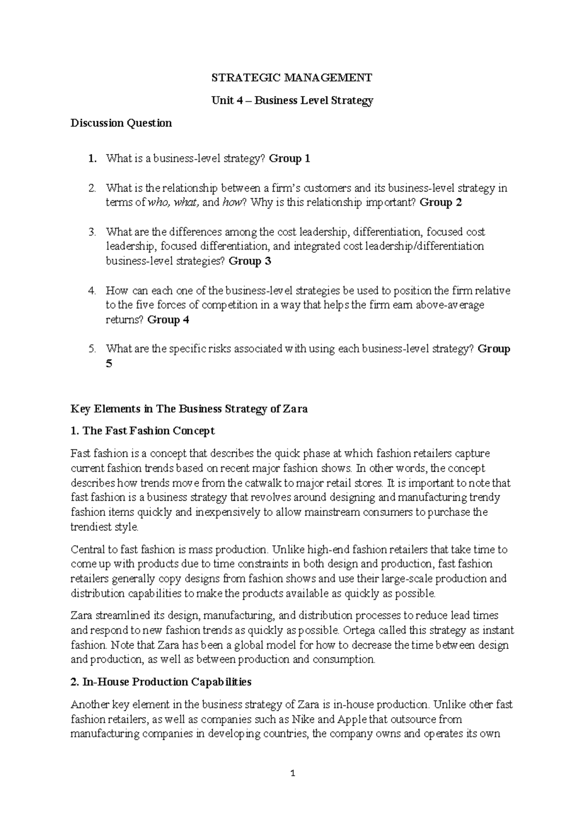 Unit 4 - Tutorial Sheet - Business Level Strategy - STRATEGIC ...