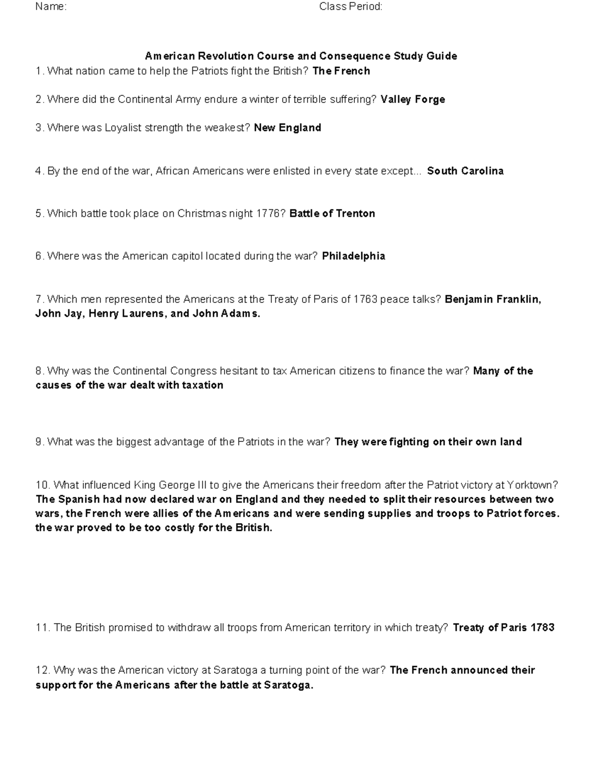 American Revolution Study Guide - Name: Class Period: American ...