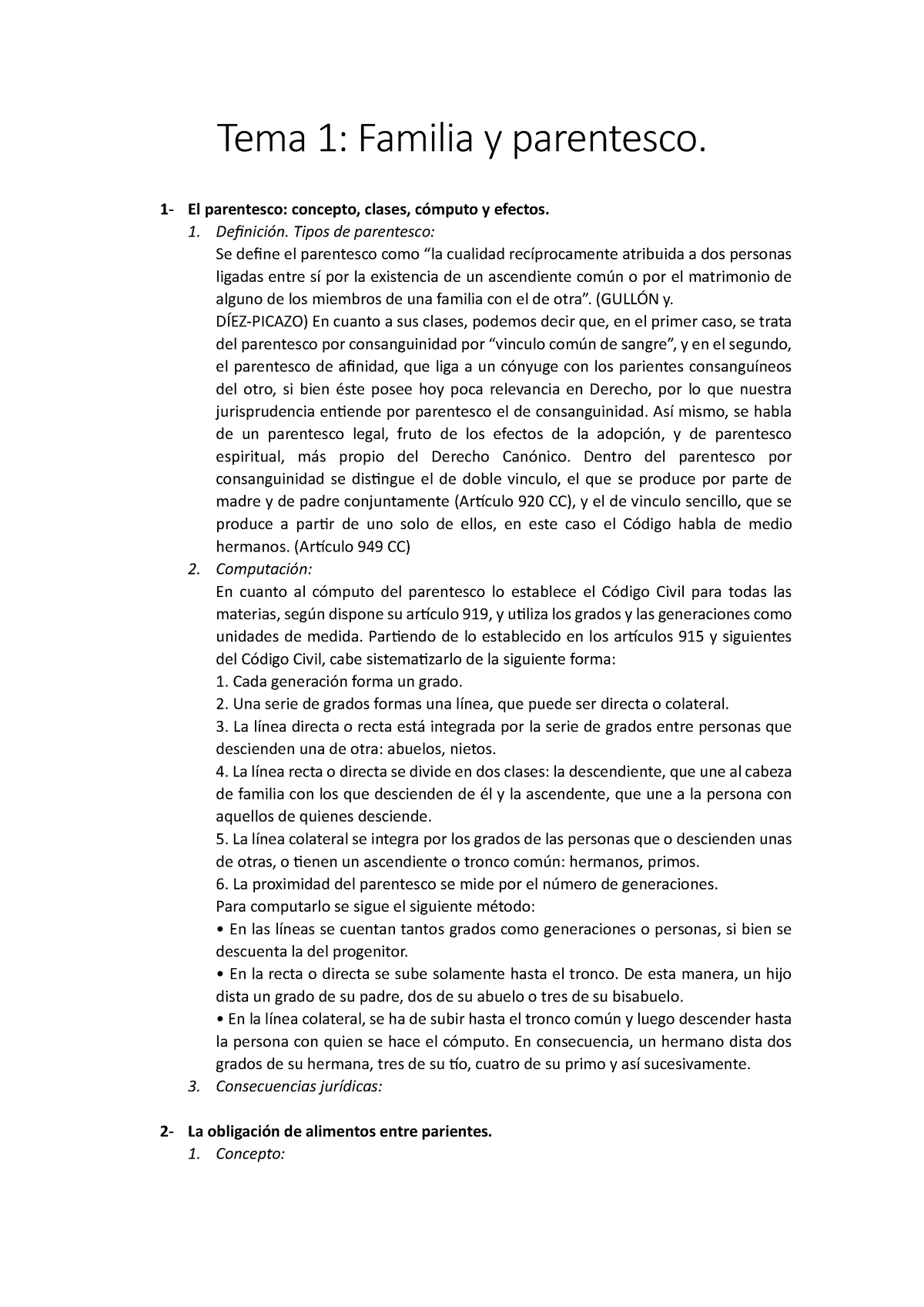 Tema 1 Derecho Civil IV - Tema 1: Familia Y Parentesco. 1 - El ...