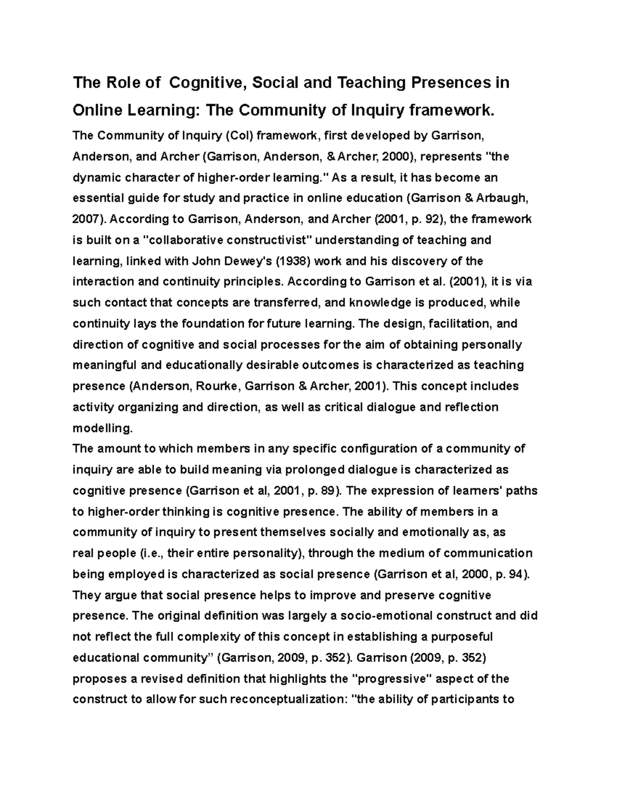 An adjustment to the Community of Inquiry framework - The Role of ...