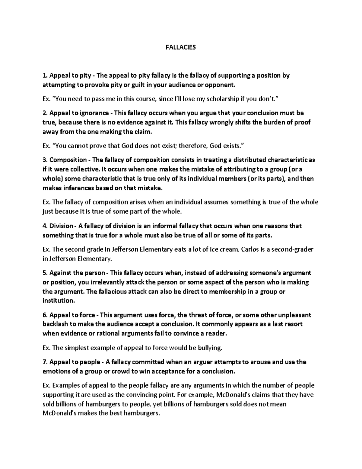 Fallacies - Summary Medical Technology - FALLACIES Appeal to pity - The ...
