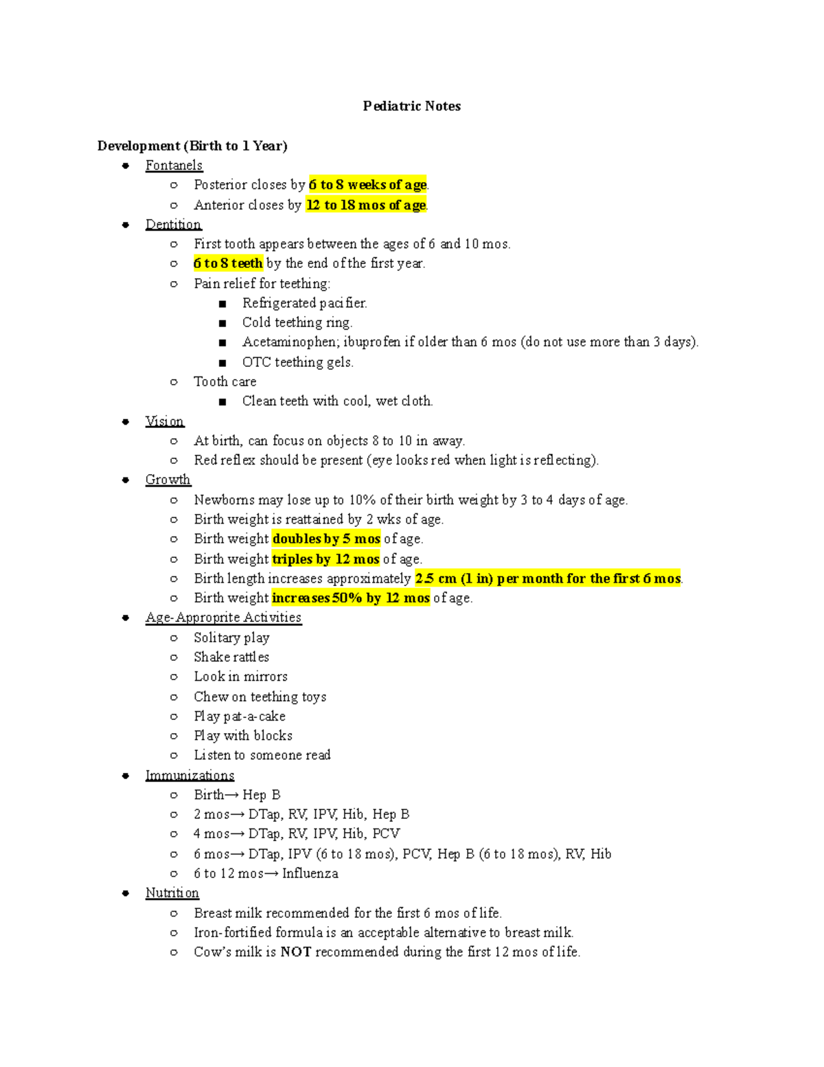 Pediatric Notes - Pediatric Notes Development (Birth to 1 Year ...