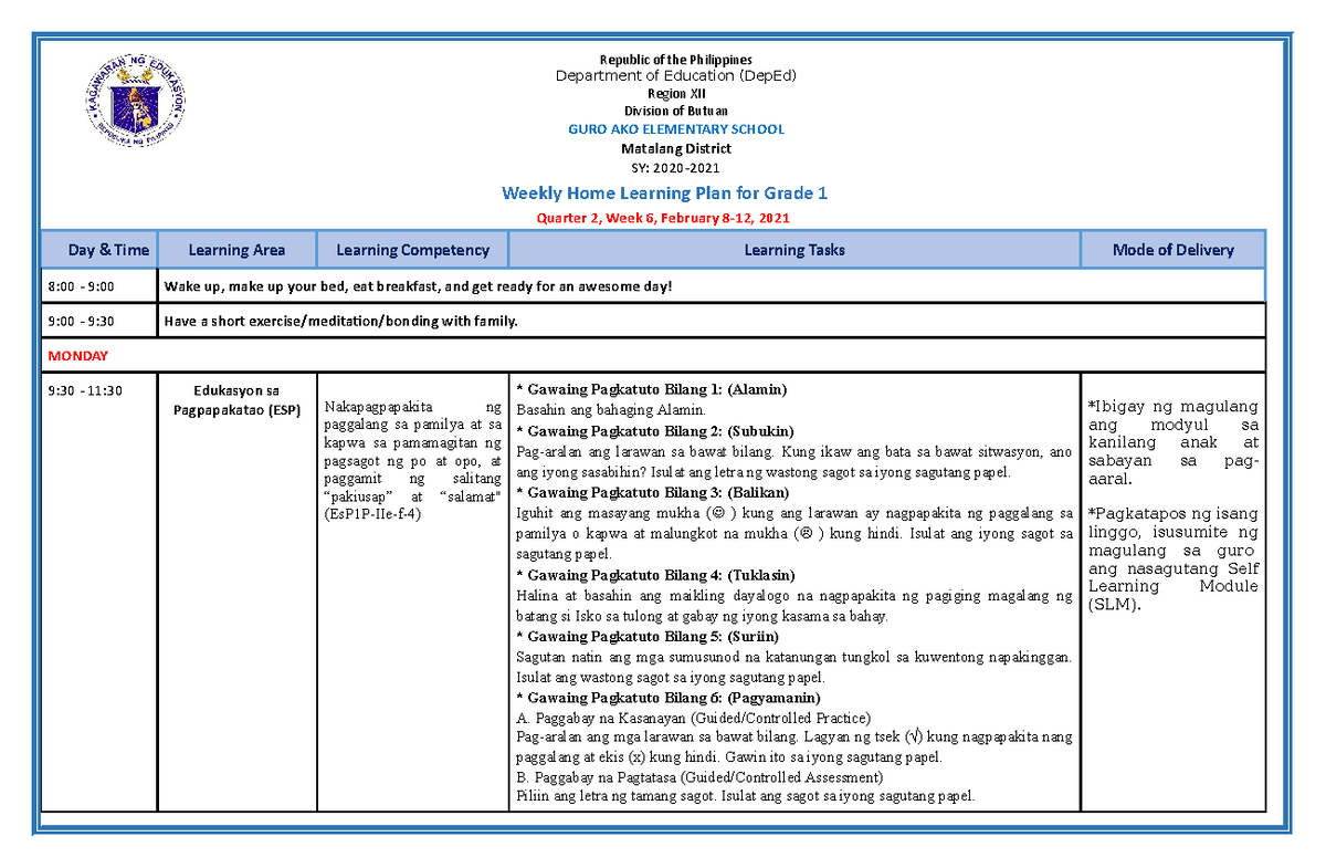 Whlp Detailed Grade 1 Q2 W6 All Subjects Weekly Home Learning Plan For Grade 1 Quarter 2 Week 4969