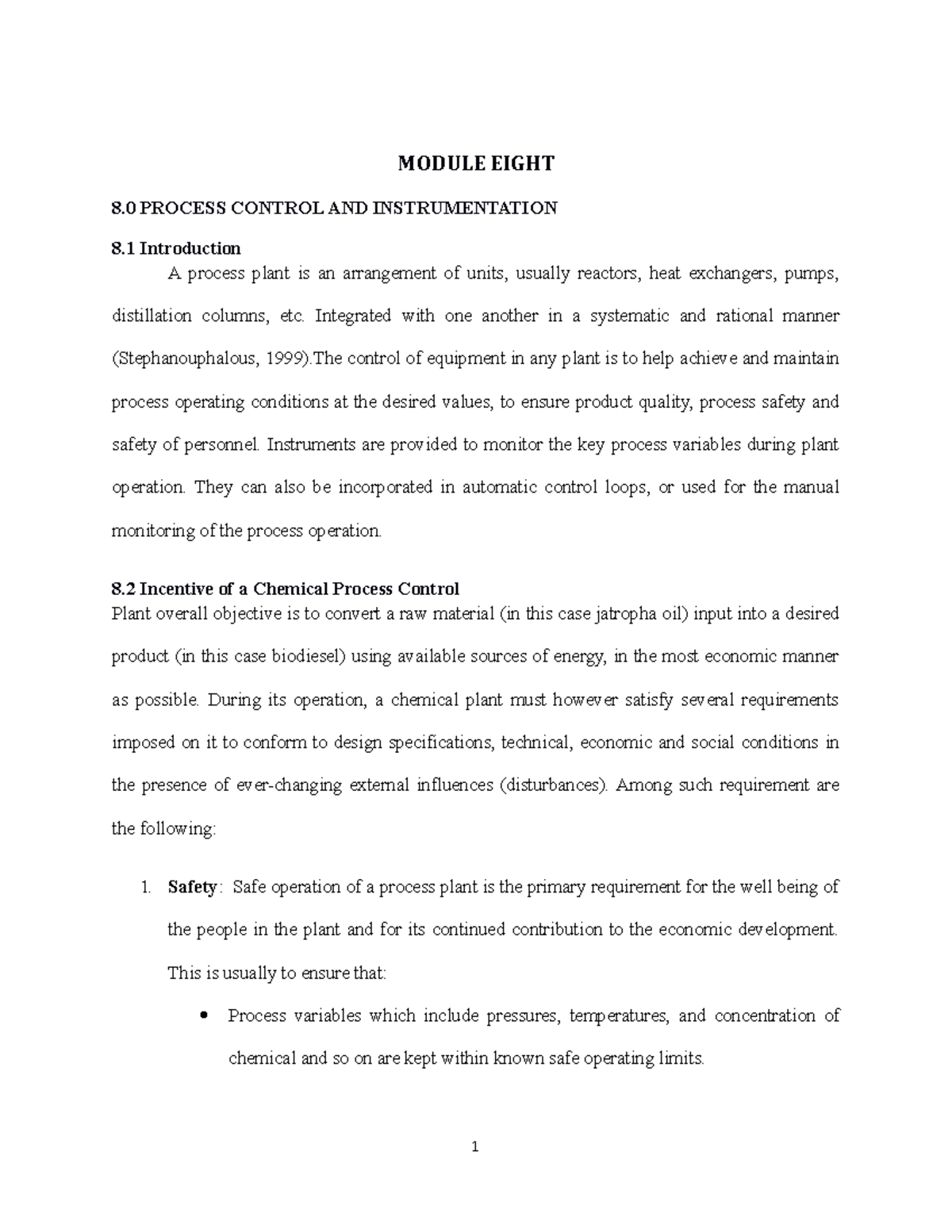 Process Plant Design Lecture Modules 8 - MODULE EIGHT 8 PROCESS CONTROL ...