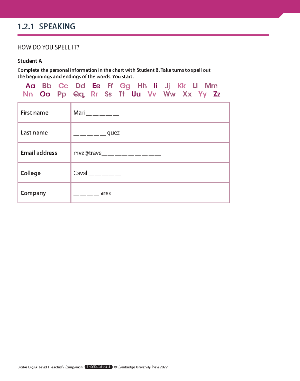 Evolve Digital Level 1 Worksheets 1.2 - HOW DO YOU SPELL IT? Student A ...