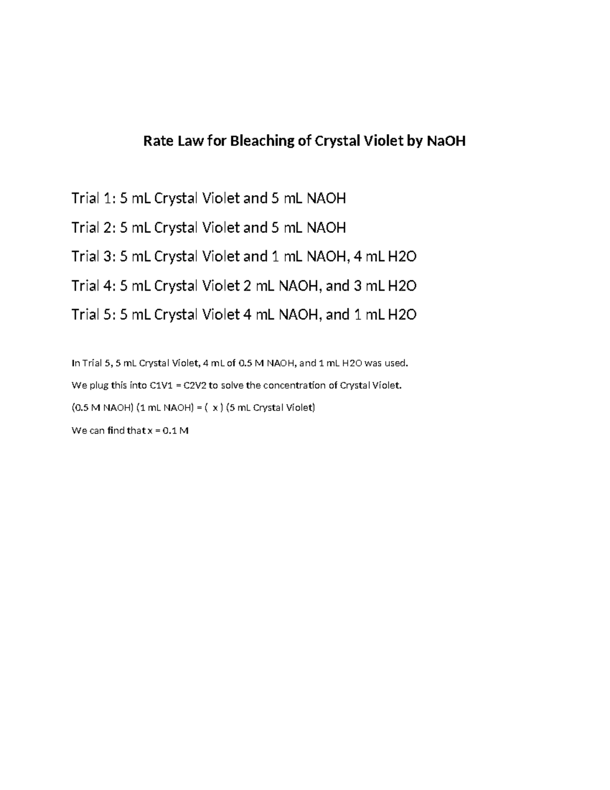CHEM 112 Lab 4 - Lab - Rate Law for Bleaching of Crystal Violet by NaOH ...