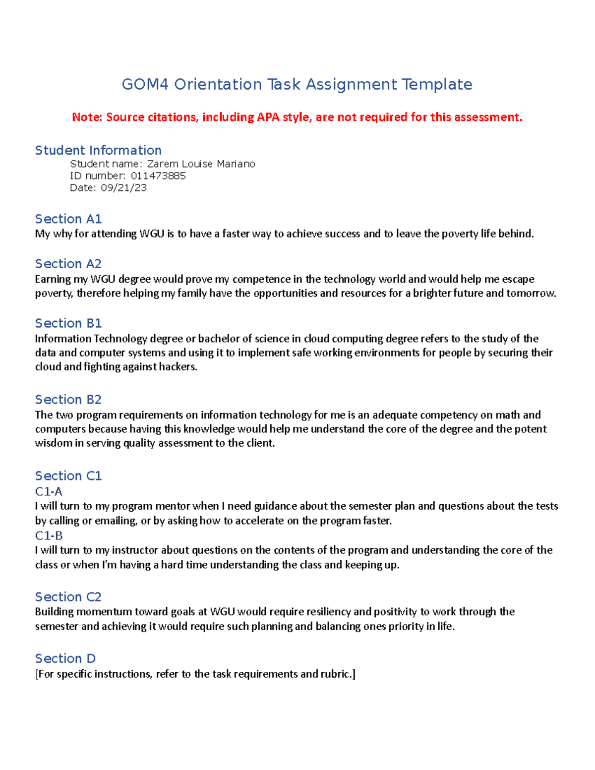 Orientation Task Template GOM4 Orientation Task Assignment Template