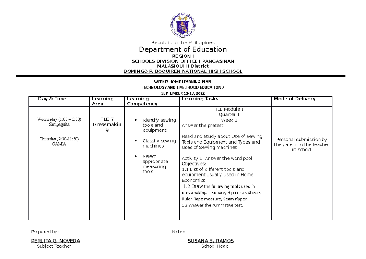 7 Weekly HOME Learning PLAN ( Perlita) - Department of Education REGION ...