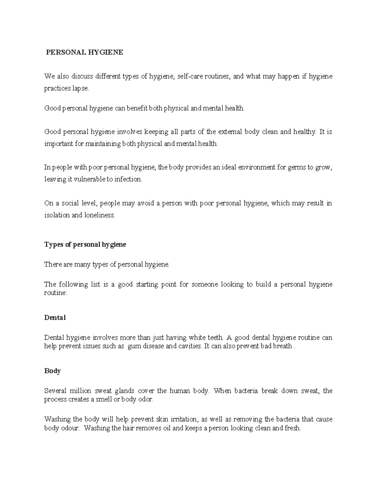 Personal Hygiene - Full notes - PERSONAL HYGIENE We also discuss ...