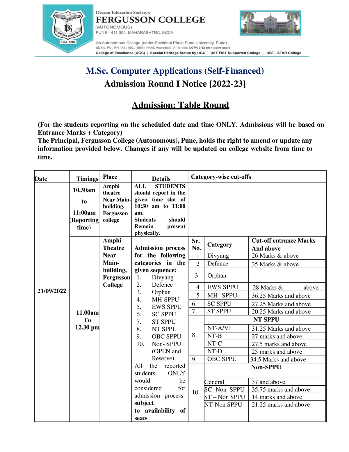 58131 Admission Notice M - M. Computer Applications (Self-Financed ...