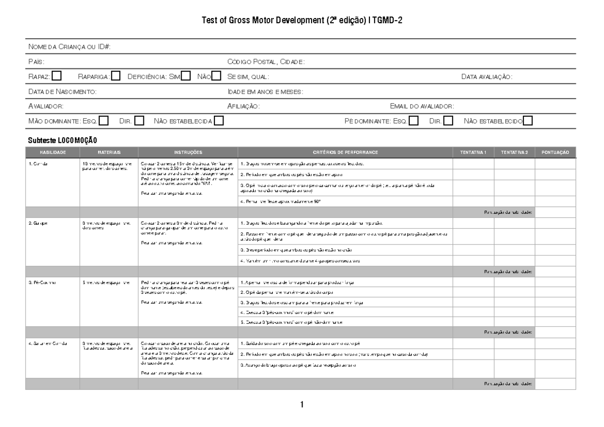 Ficha de registo do TGMD-2 - N OME DA C RIANÇA OU ID#: P AÍS : C ÓDIGO ...