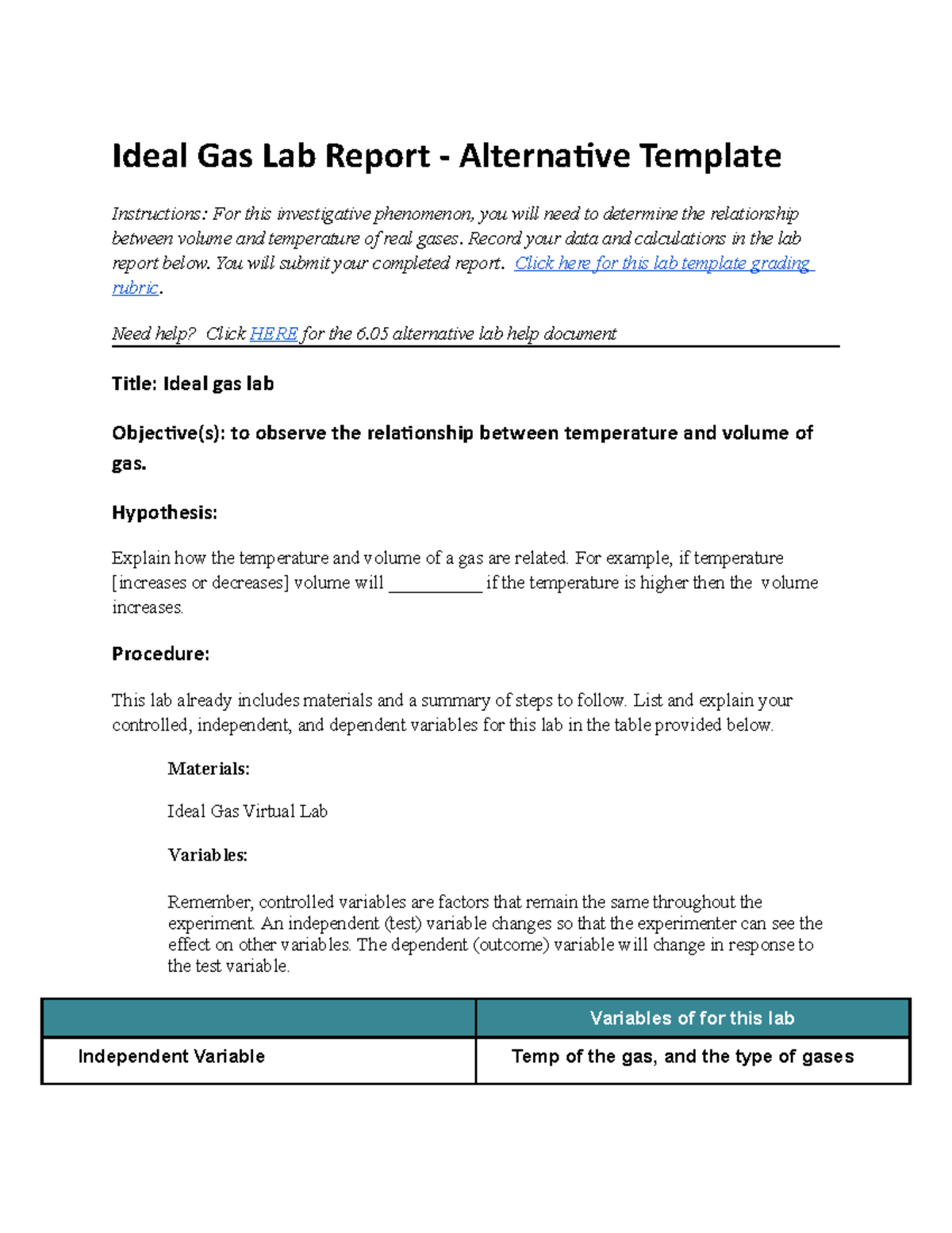 Copy of 6.05 Ideal Gas Lab Alternative Template Ideal Gas Lab Report