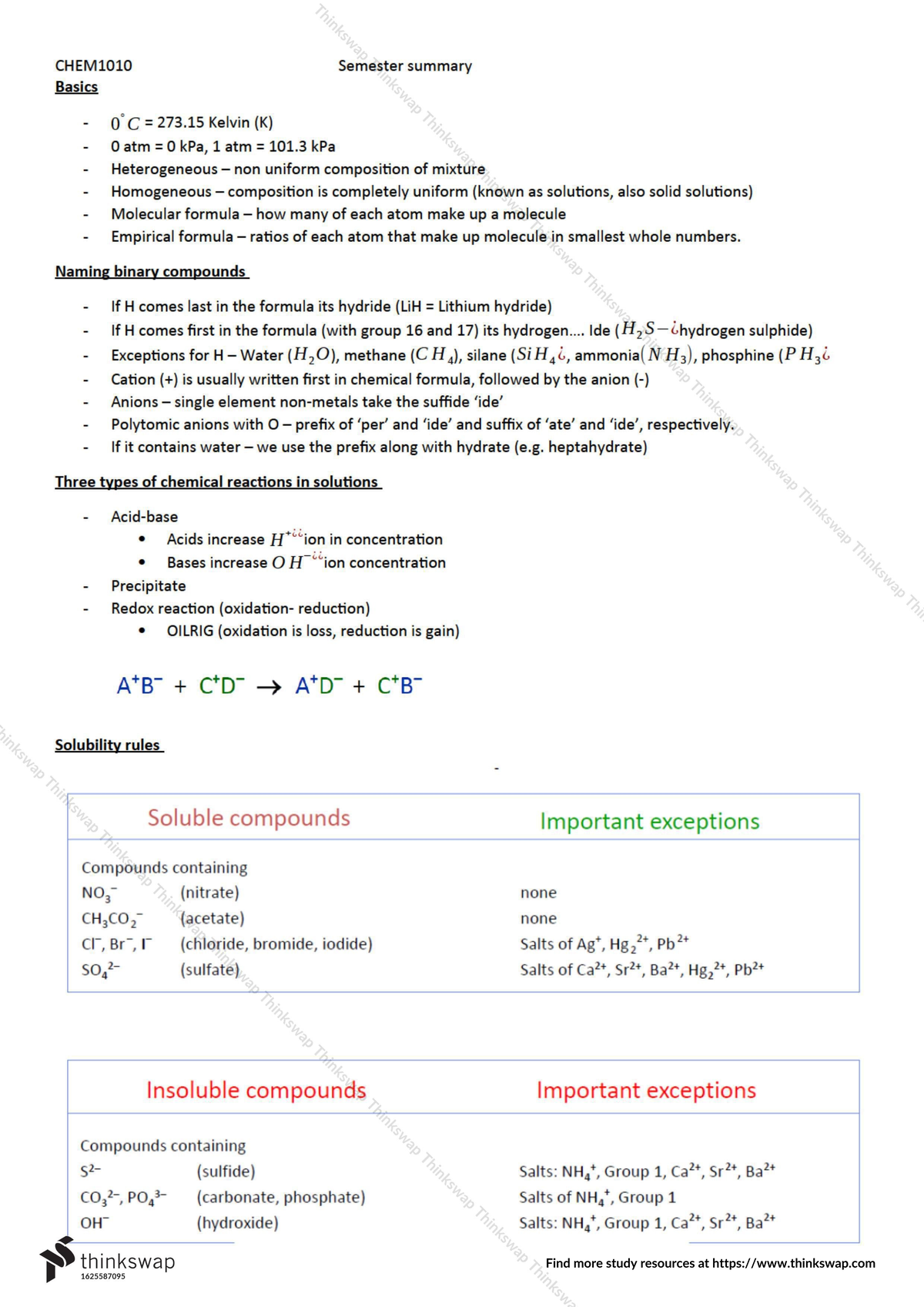 Chem1010 Summary Notes #1 - Basics - 0 C=273 Kelvin (K) - Oatm=0 KPa, 1 ...