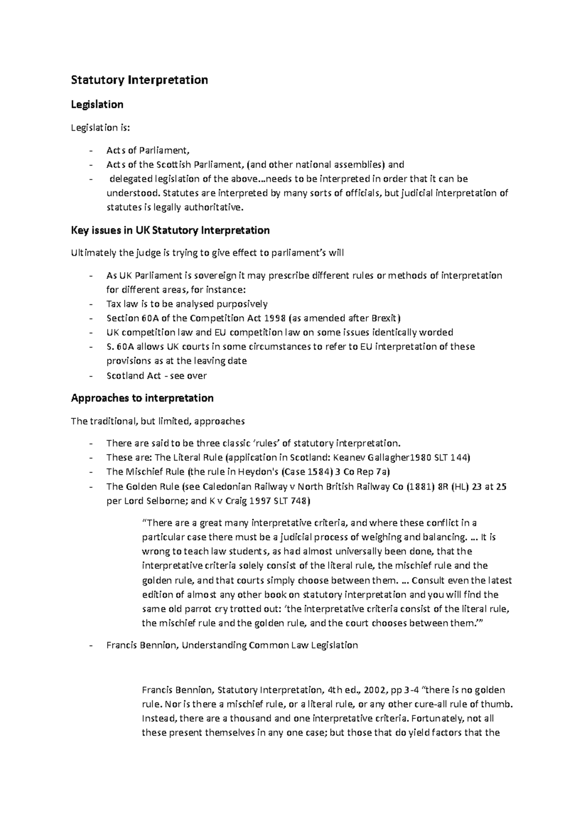 Public law notes week 7 - Statutory Interpretation Legislation ...