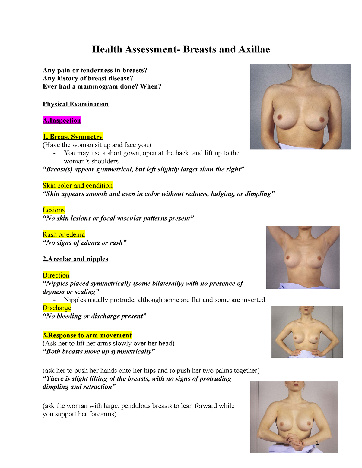 Breasts and Axillae Script - Health Assessment- Breasts and Axillae Any  pain or tenderness in - Studocu