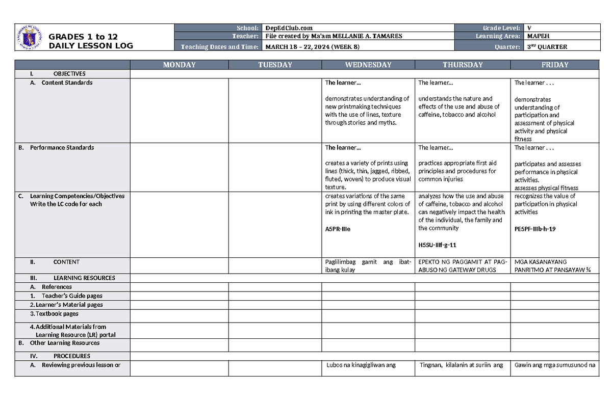 Dll Mapeh 5 Q3 W8 Grades 1 To 12 Daily Lesson Log School Depedclub