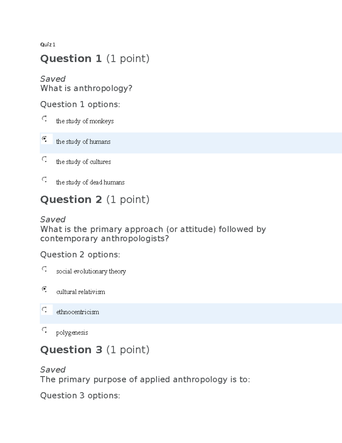 Anthropology quizes with answers 12 Quiz 1 Question 1 (1 point